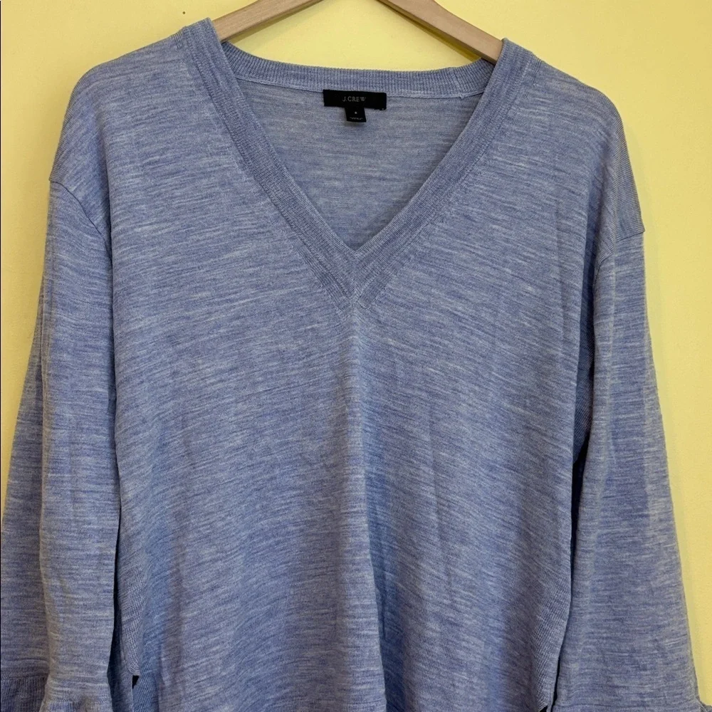 J Crew Lavender Lilac 100% Merino Wool Knit Hi Lo Bell Tie Cuff V Neck Sweater S